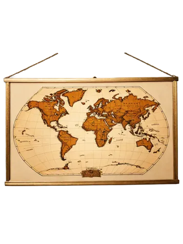 World map, vintage style, old parchment texture, golden frame, hanging on wall, dim lighting, 3/4 composition, shallow depth of field, warm color tone, cinematic lighting.,an art piece of a world map 