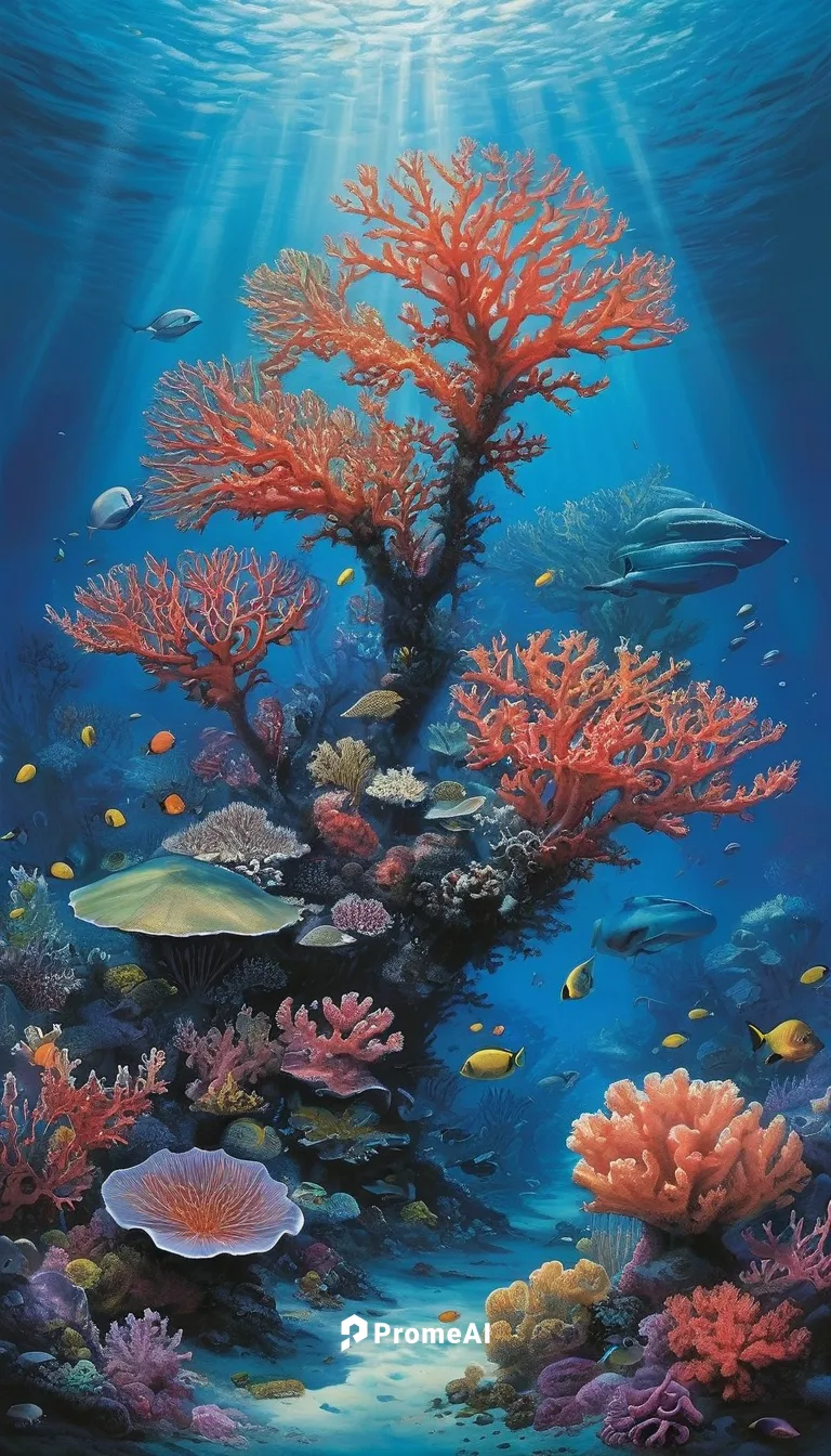 Within the depths of the ocean, a vibrant coral reef thrives, preserved by the untouched waters. The reef teems with an abundance of life, a delicate ecosystem protected from human interference.,coral