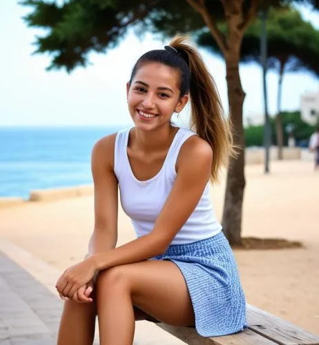 The Moroccan girl is sitting on a bench in the street in Tel Aviv in front of the sea.  Her hair is pulled into a high, tight ponytail.  She wears a short skirt and a white tank top.  At her feet, sne