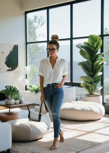 Becki Owens, interior designer, stylish messy bun, elegant glasses, natural makeup, white blouse, high-waisted jeans, barefoot, standing, modern minimalist living room, large windows, natural light, p