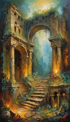 ruins,hall of the fallen,ruin,pompeii,ancient city,inferno,follieri,risen,artena,the ruins of the,aspendos,fantasy landscape,entrada,tartarus,fantasy picture,el arco,portal,pompeya,neotraditional,the ancient world,Conceptual Art,Oil color,Oil Color 20