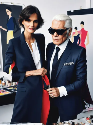 Karl Lagerfeld fits one of his designs on top model Ines de la Fressange at Chloe's Paris studio.,business icons,shopping icons,woman in menswear,fashion illustration,menswear for women,fashion dolls,