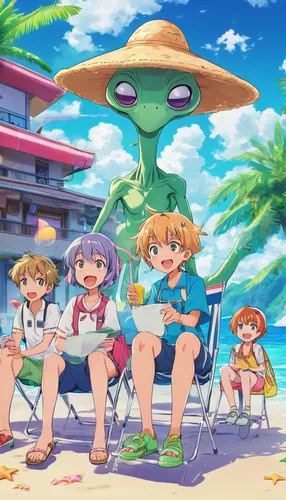 evangelion eva 00 unit,yo-kai,evangelion unit-02,kawaii frogs,beach goers,evangelion evolution unit-02y,evangelion,sun hats,straw hats,alien invasion,summer background,ufo,kawaii people swimming,light year,group photo,kawaii children,frog background,lily family,summer day,mosquitoe,Illustration,Japanese style,Japanese Style 03