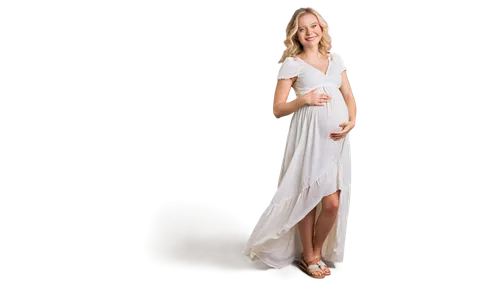 Pregnant blonde lady, solo, (28yo), bright smile, gentle gaze, wavy blonde hair, natural makeup, empire-waist maternity dress, white fabric, flowy skirt, flat sandals, tender hands on belly, standing,