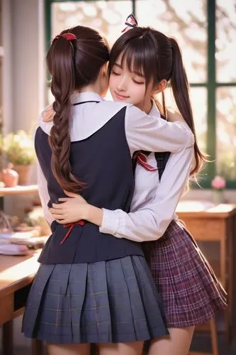 hugging from behind, anime-style, romantic atmosphere, tender hands, slender fingers, gentle grip, soft chest, sweet facial expression, blushing cheeks, cute nose, sparkling eyes, long hair, ribbon ti