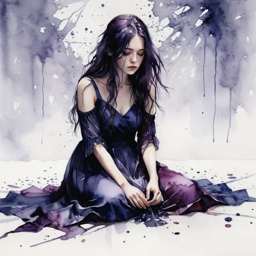 sorrow,la violetta,fallen petals,depressed woman,torn dress,lover's grief,melancholy,widow's tears,of mourning,angel's tears,sad woman,gothic woman,dark art,watercolor paint,broken-heart,crying heart,watercolor,watercolor painting,seven sorrows,bellflowers,Illustration,Paper based,Paper Based 20