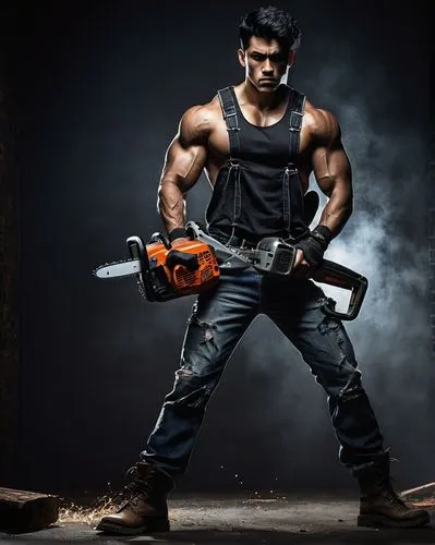 Muscular man, Saw Xii, solo, (25yo), intense gaze, sharp jawline, spiky black hair, bold eyebrows, sleeveless shirt, ripped jeans, heavy boots, holding a chainsaw, powerful pose, dark background, spot