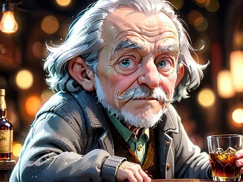 old man grey clothes,cartoon,drinking whiskey,geppetto,vector illustration,elderly man,pensioner,game illustration,sci fiction illustration,old man,bartender,digital painting,barman,albert einstein,dr