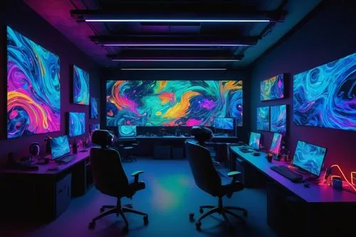 creative office,computer room,glow in the dark paint,sci fi surgery room,ufo interior,graphic design studio,black light,study room,aqua studio,uv,working space,neon coffee,conference room,game room,modern office,neon human resources,neon ghosts,monitor wall,computer art,work space,Illustration,Japanese style,Japanese Style 12