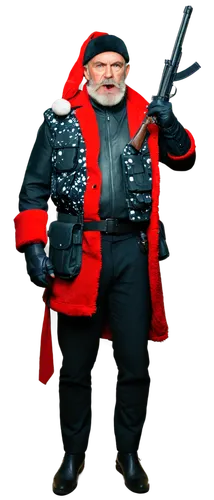 Santa Claus, muscular build, white beard, red hat, black leather gloves, holding rifle, camouflage clothing, bulletproof vest, angry facial expression, intense eyes, snowflake pattern on clothes, fur-