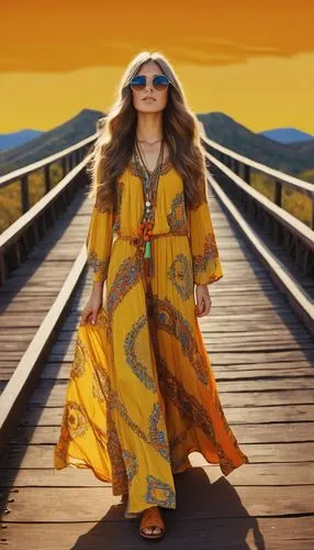 yellow jumpsuit,yellow orange,boho,bohemian,orange robes,hippie,hippie time,hippie fabric,orange yellow,southwestern,sun,70s,women fashion,hippy,woman walking,orange,warm colors,yellow sun hat,women clothes,yellow brown,Illustration,Retro,Retro 04