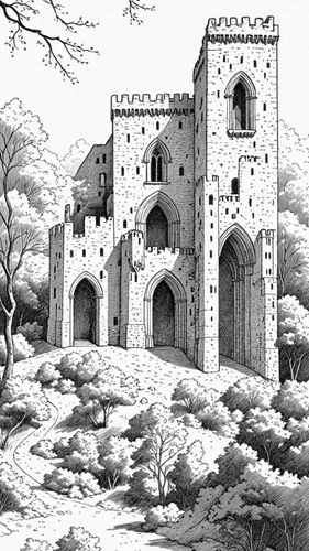 an old castle with trees and hills in the background,castle ruins,abbaye de belloc,monastery,templar castle,medieval castle,san galgano,Design Sketch,Design Sketch,Detailed Outline