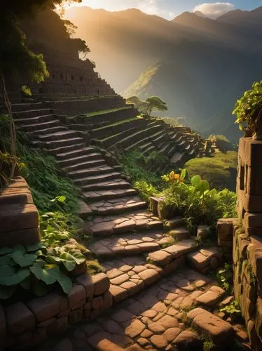 Ancient Incan ruins, mystical atmosphere, stone structures overgrown with vines, intricate carvings on walls, golden sunset light casting long shadows, misty fog rolling in from the Andes mountains, l