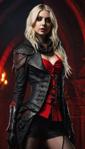 Taylor Momsen as a assassins creed, black and red suit,harley quinn,gothicus,vampire woman,ekatarina,ann,harley,countess,vampire lady,therion,satu,liliana,corsetry,taleyarkhan,karavas,narcissa,dhampir