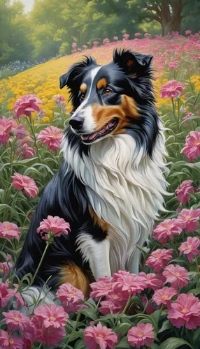 english shepherd,australian shepherd,bernese mountain dog,scotch collie,collie,canine rose,australian collie,miniature australian shepherd,border collie,dog shetland sheepdog,rough collie,flower animal,shetland sheepdog,swedish lapphund,japanese chin,king charles spaniel,sheltie,kooikerhondje,shetland sheepdog tricolour,cavalier king charles spaniel,Illustration,Retro,Retro 14