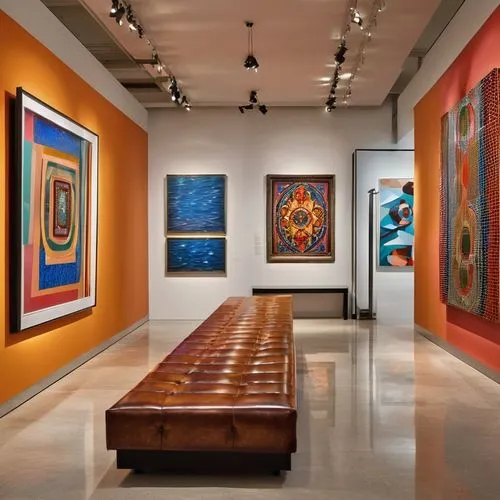 The hall is filled with a sea of colorful artwork, created in harmony with intricate geometric shapes and vivid colors. The room is illuminated by fluorescent lights, casting a warm glow on the art en