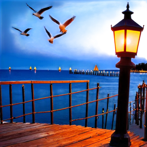 lamplight,lamplighters,streetlamps,seagulls,giudecca,harborlights,sea gulls,gaslights,venice,street lamps,gulls,the pier,fairhope,clearwater beach,lamppost,gas lamp,birds of chicago,old pier,lampposts,murano lighthouse,Illustration,Realistic Fantasy,Realistic Fantasy 11