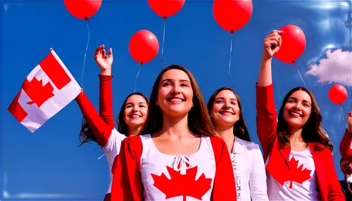 Canada flag, maple leaf, national day, festive atmosphere, happy crowd, outdoor celebration, sunny weather, blue sky with white clouds, confetti, balloons, red and white costumes, smiling faces, group