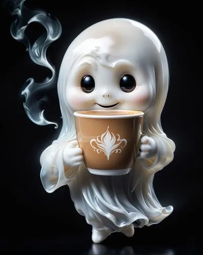 "a graceful cute chibi ghost, white, translucent.with a cup of coffee in his hands. black background . photorealistic. movement",halloween coffee,cute coffee,macchiato,hot drink,tea cup fella,latte ar