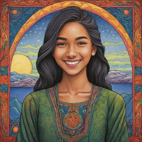 yogananda,moana,polynesian girl,pocahontas,yogananda guru,filipino,pachamama,mulan,vietnamese woman,asian woman,mystical portrait of a girl,polynesian,jaya,native american,indian girl,jasmine,peruvian women,indian woman,shirakami-sanchi,indigenous painting,Illustration,Realistic Fantasy,Realistic Fantasy 41