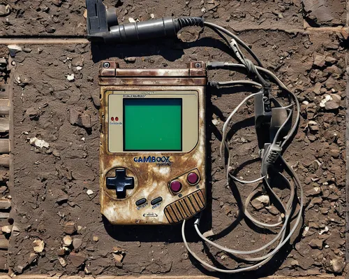 Imagine a Gameboy as a powerful artifact in a post-apocalyptic world.,game boy accessories,game boy console,nintendo game boy,game boy,gameboy,nintendo gameboy,electronic waste,portable electronic gam