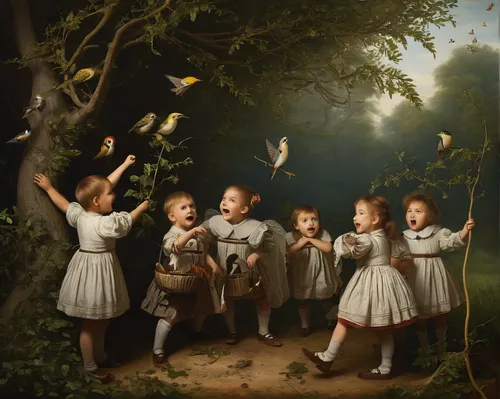 happy children playing in the forest,cherubs,mulberry family,little angels,bouguereau,doves and pigeons,vintage children,little birds,children,pigeons and doves,children playing,young birds,hunting scene,children studying,school children,songbirds,goldfinches,children's fairy tale,child portrait,orphans,Photography,Documentary Photography,Documentary Photography 30