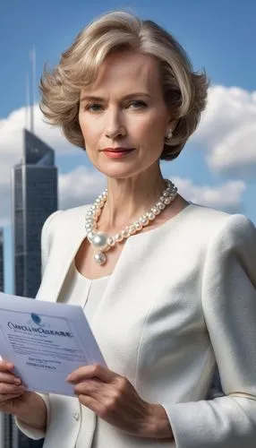 Certification ceremony, mature lady, elegant formal wear, pearl necklace, short hair, subtle makeup, standing confidently, holding certificate, architectural model, modern skyscraper background, citys