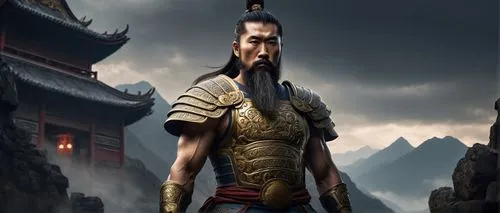 Ancient Chinese warrior, porcelain-like skin, muscular physique, forged armor, intricate engravings, golden accents, imposing presence, majestic beard, ponytail hair, stern facial expression, powerful