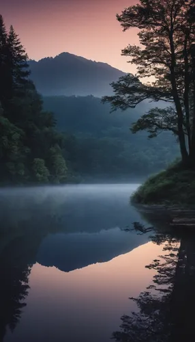 Write a poetic description of a peaceful and serene vlexin dawn.,calm water,evening lake,japan landscape,tranquility,calm waters,lake tanuki,reflection in water,beautiful lake,reflections in water,hig