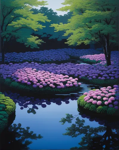 purple landscape,sakura trees,japan landscape,jacaranda trees,jacaranda,water lilies,japanese art,flower painting,violet flowers,japan garden,anemone japan,blue woodland phlox,japanese sakura background,japanese cherry trees,sakura tree,forest landscape,takato cherry blossoms,grape-hyacinth,japanese floral background,blooming field,Illustration,Abstract Fantasy,Abstract Fantasy 20