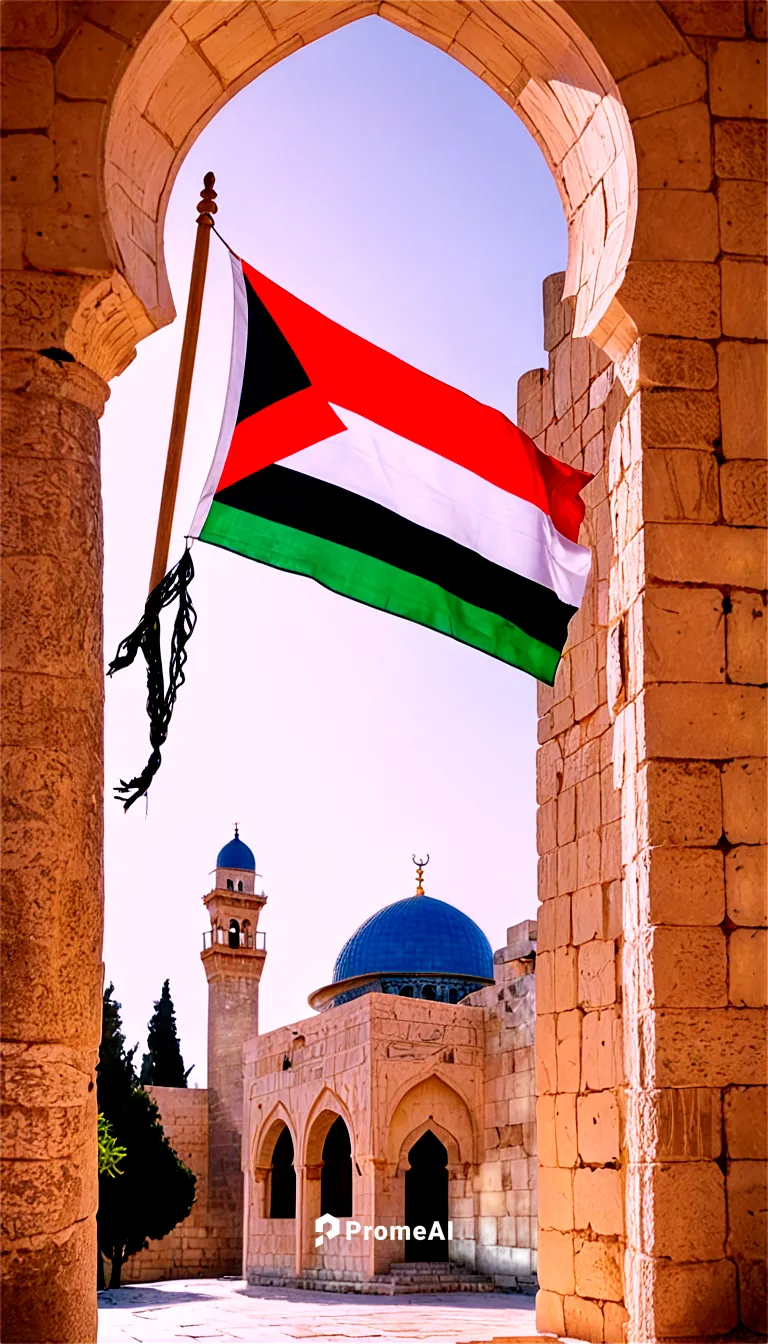 Palestinian flag colors, traditional keffiyeh scarf, olive branches, freedom fist, Arabic calligraphy, mosque minaret, Dome of the Rock, Jerusalem old city, stone walls, arches, ornate tiles, morning 