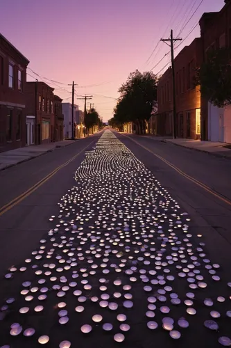 Produce a liminal space image featuring an empty, desolate street at dusk.,environmental art,car cemetery,ohio paint street chillicothe,paved,cobblestones,paved square,bottle caps,purple rain,car recy