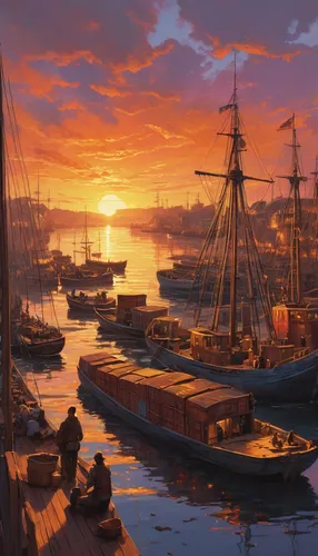 Describe a peaceful sunset at a bustling seaport.,harbor,docks,seaport,harbour,harbor cranes,ship yard,boats in the port,boat harbor,violet evergarden,sailing ships,eastern harbour,old port,port,docke