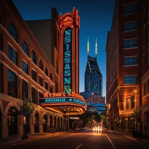 Nashville cityscape, architectural photography, grand building, intricate details, ornate facades, columns, arches, domes, skyscrapers, modern glass towers, historic landmarks, Ryman Auditorium, Count