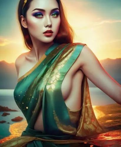 An amazing nude japanese young woman  with red lips and green eyes,woman in a traditional indian dress near the water,inara,inanna,sari,mastani,fantasy art,world digital painting,Illustration,Realisti