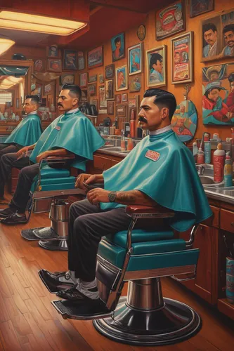 barber shop,barbershop,barber,the long-hair cutter,barber chair,hi-top fade,hairdressers,men sitting,fifties,salon,crew cut,dental icons,pomade,soda shop,hairdressing,hairdresser,pompadour,haircut,flattop,50s,Conceptual Art,Daily,Daily 25