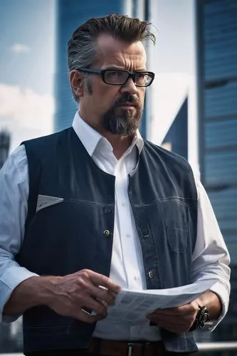 Middle-aged, male, architecture designer, standing, serious expression, black-framed glasses, short brown hair, beard, white shirt, dark blue jeans, holding a blueprint, gesturing, North West modern s