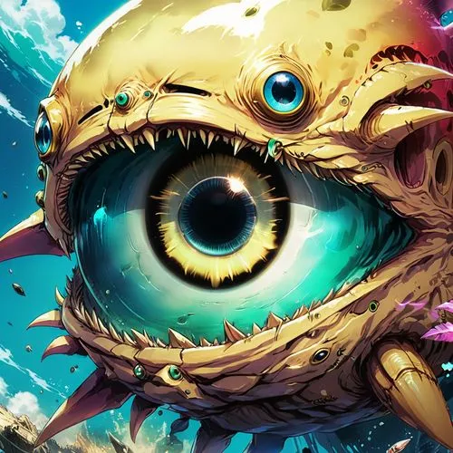 one eye monster,eye ball,three eyed monster,eye,eyeball,peacock eye,cuthulu,baku eye,crocodile eye,cosmic eye,the eyes of god,all seeing eye,eye cancer,robot eye,nautilus,one-eyed,argus,abstract eye,game illustration,deep sea fish,Illustration,Japanese style,Japanese Style 03