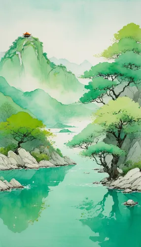 Spring scene, very light green, light, fresh and natural, traditional landscape painting, fresh water color painting, traditional Chinese painting art,,watercolor background,river landscape,small land