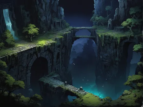 devil's bridge,chasm,ravine,fantasy landscape,canyon,ancient city,heaven gate,hangman's bridge,waterfall,futuristic landscape,hollow way,rock bridge,underground lake,cave on the water,scenic bridge,wasserfall,water fall,rock gate,stone bridge,ash falls,Illustration,Japanese style,Japanese Style 10