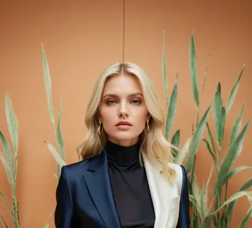 beautiful blonde girl,a woman in a black dress stands near tall plants,pantsuit,maxmara,alexandersson,lubomirski,krakoff,pantsuits,Photography,Fashion Photography,Fashion Photography 09