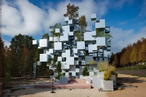 RENDER MODULES IN A DESERTED PLACE ,sculpture park,steel sculpture,mirror house,hermannsdenkmal,garden sculpture,cubic house,public art,glass blocks,cube stilt houses,holocaust memorial,espoo,k13 subm