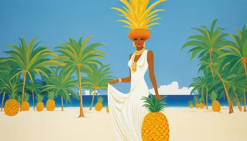 yellow sun hat,pineapple background,pinapple,piña colada,ananas,lemon background,art deco woman,travel poster,sun of jamaica,tropic,golden sands,pineapples,king coconut,art deco background,summer clip art,vintage illustration,bahama mom,fashion illustration,pineapple juice,beach background,Illustration,Retro,Retro 26