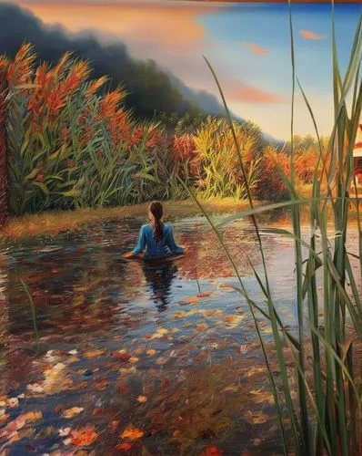 autumn landscape,autumn idyll,oil painting on canvas,autumn background,oil painting,girl on the river,fall landscape,landscape background,salt meadow landscape,oil on canvas,photo painting,art painting,river landscape,one autumn afternoon,freshwater marsh,fisherman,autumn scenery,painting technique,the autumn,wetland,Illustration,Paper based,Paper Based 04