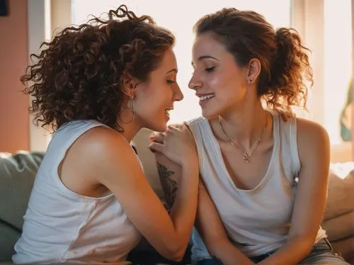 Two women, lesbian couple, intimate embrace, gentle kiss, soft focus, warm lighting, pastel colored background, romantic atmosphere, tender facial expression, curly brown hair, bright blue eyes, nose 