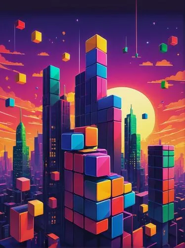 Google Tetris Doodle Game, colorful block puzzle pieces, falling from top of screen, rotating 90 degrees, shadow effect, neon-lit background, futuristic cityscape, sleek skyscrapers, busy streets, eve