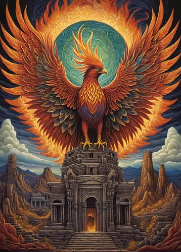 Imagine a phoenix reborn from ashes, surrounded by ancient ruins.,phoenix,phoenix rooster,pillar of fire,garuda,firebird,gryphon,eagle illustration,archangel,angelology,fire birds,pentecost,fire angel