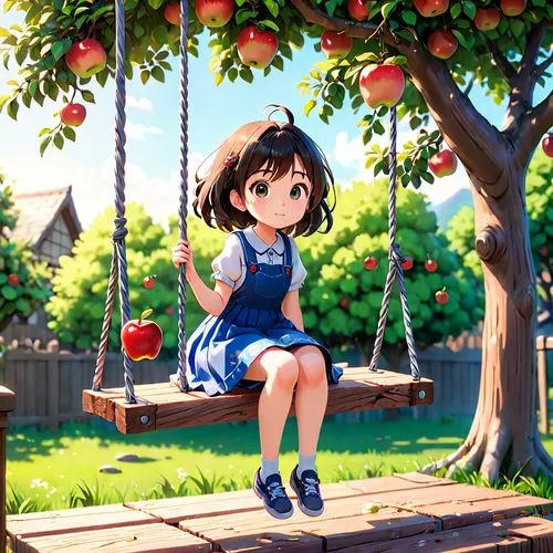 garden swing,girl picking apples,wooden swing,swing set,hanging swing,swing,empty swing,summer day,playing outdoors,oranges,tree swing,orchard,summer background,strawberry,summer fruit,child in park,summer evening,in the summer,studio ghibli,picnic,Anime,Anime,Traditional