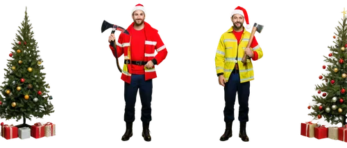 Firefighter, Santa hat, beard, muscular arms, festive red scarf, yellow fireproof jacket, black boots, holding axe, standing in front of Christmas tree, decorated with lights and ornaments, blurred ba