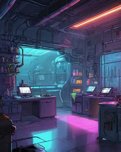 AI art generator, futuristic laboratory, neon lights, metallic tables, sci-fi machinery, robotic arms, holographic displays, cyberpunk atmosphere, dimly lit, mysterious ambiance, misty fog, glass cont